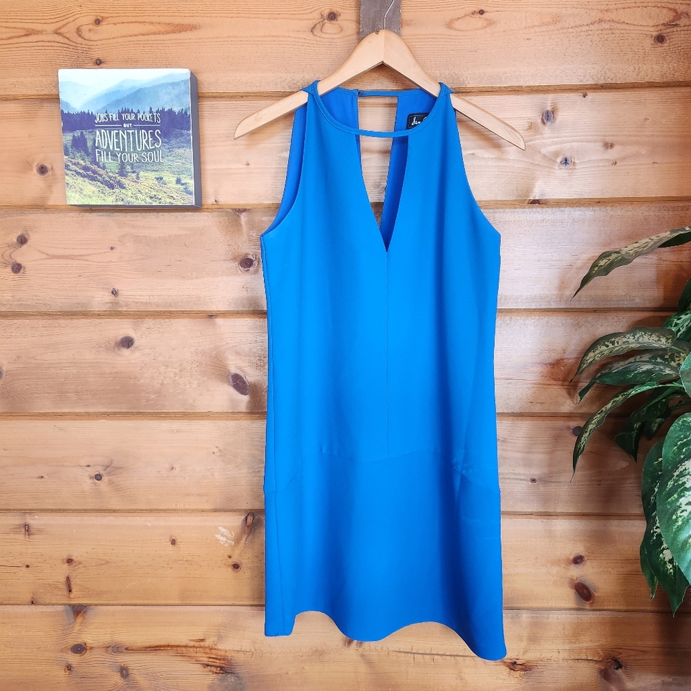 Sam Edelman 💜 Shift Dress Keyhole Sleeveless Drop Waist Blue V Neck Crepe Sz 2‎